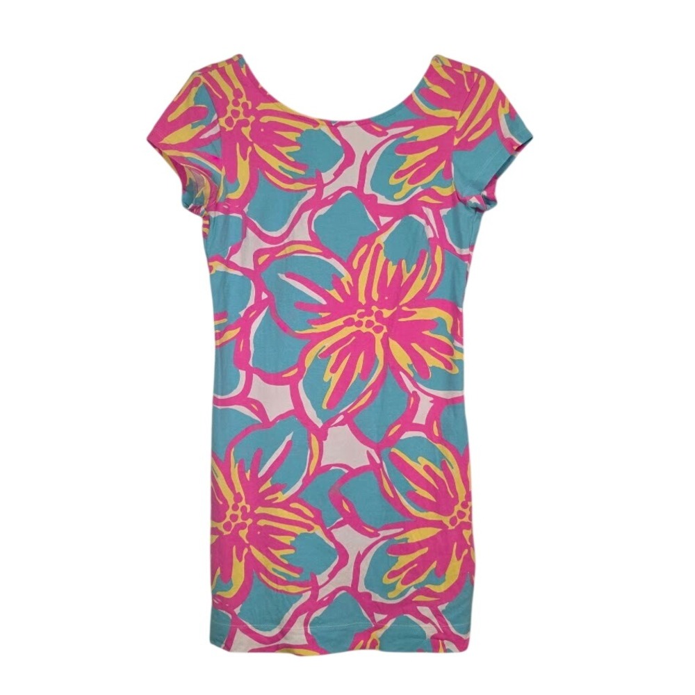 Mahi Gold Women's Small T-Shirt Dress Blue Pink Floral Tropical Scoop Back USA